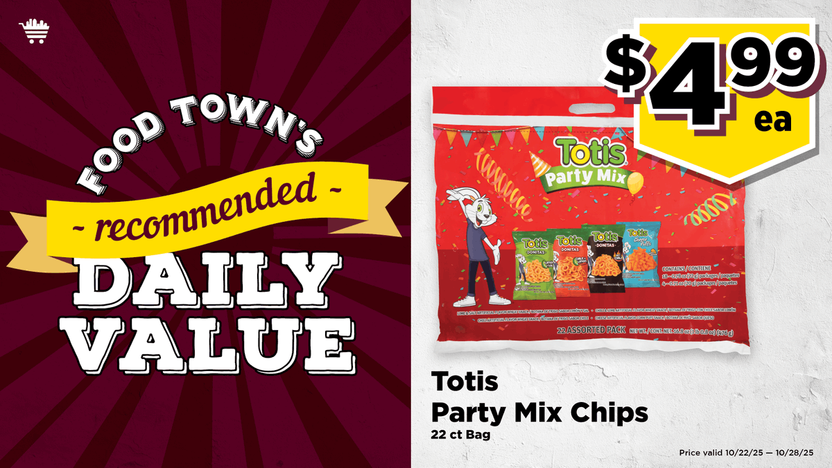 It's your Food Town RDV — Totis Party Mix Chips, 22 ct Bag, $4.99 ea.
(Through 10/28/25) #deals #everydayvalues #foodtownhouston #groceryhaul