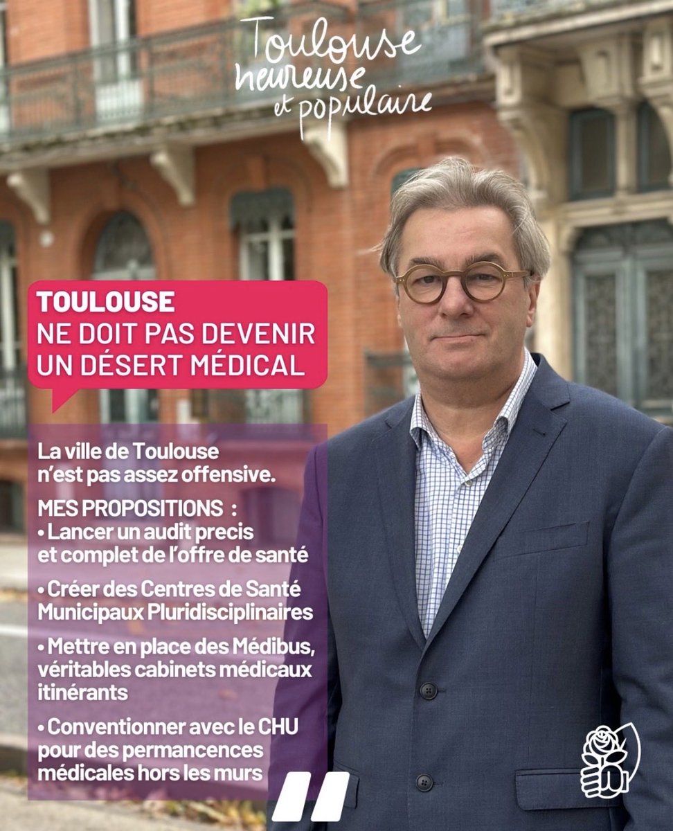 #Toulouse ne doit pas devenir un désert médical. Chaque Toulousain doit pouvoir se soigner près de chez lui. Nous faisons des propositions concrètes : la santé sera une priorité municipale.