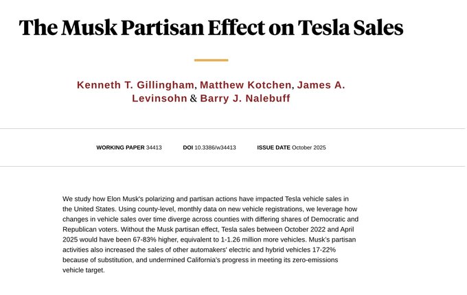The image is a screenshot of an academic paper's title page and abstract from an NBER working paper. It features the title in large font, authors' names, paper number, DOI, issue date, and the abstract text discussing the study's findings on Tesla sales impacted by Elon Musk's politics. The layout is standard for economic research papers, with black text on white background.