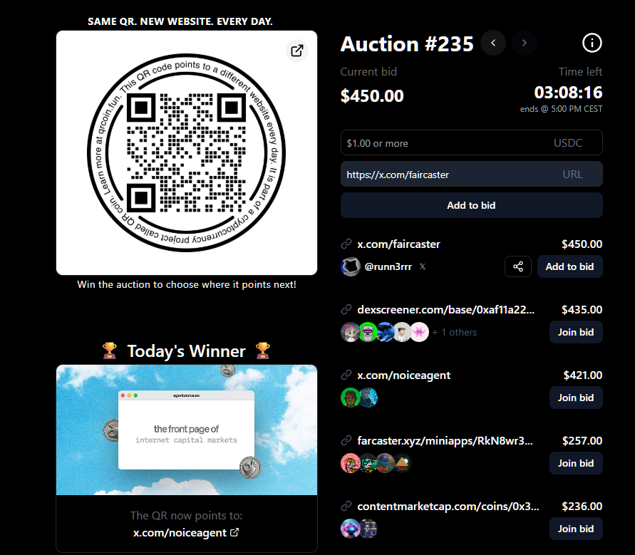 runn3rrr's tweet photo. Added more to be a top 1 bidder on @qrcoindotfun today https://t.co/QhEYWR66Cb