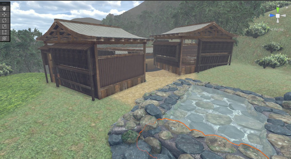 BTA_kelorin_jo's tweet image. テレインを整地して、石を並べて露天風呂を #unity3d #3dmodeling #IndieGameDev