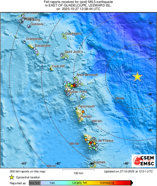 #Earthquake 180 km E of Le Moule (#Guadeloupe) 13 min ago (local time 08:38:44). Updated map - Colored dots represent local shaking &amp; damage level reported by eyewitnesses. Share your experience:
📱m.emsc.eu/#app
🌐m.emsc.eu/?id=1887119