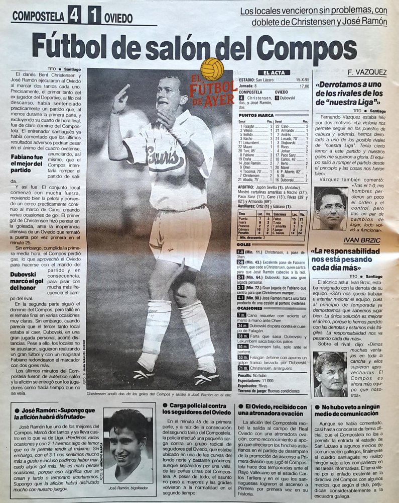 🗞 Fútbol de salón del Compos. Buen juego y goles en el 4-1 de la SD Compostela al Real Oviedo en San Lázaro, rubricado con sendos dobletes de Christensen y José Ramón. El tanto ovetense lo anotó Dubovský. Jornada 8, Liga 1995/96. Marca.