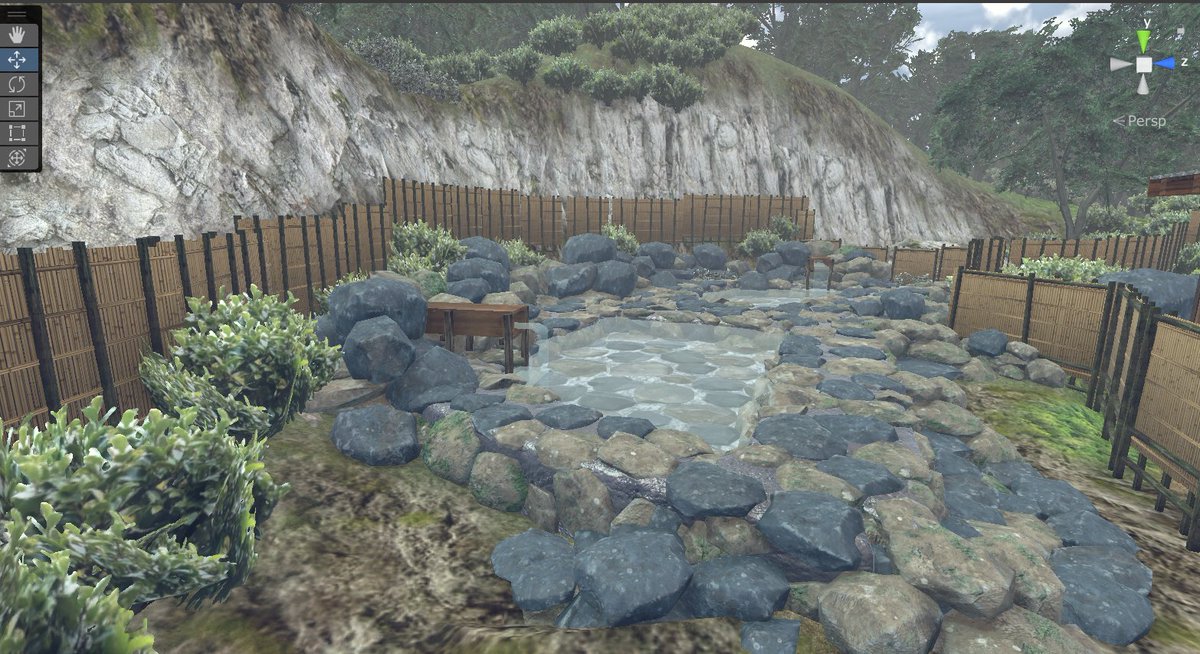 BTA_kelorin_jo's tweet image. テレインを整地して、石を並べて露天風呂を #unity3d #3dmodeling #IndieGameDev