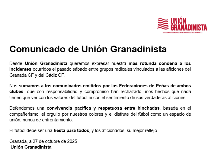 Unión Granadinista (@uniongranada) on Twitter photo Comunicado de Unión Granadinista tras los incidentes del pasado sábado. Comunicado de Unión Granadinista tras los incidentes del pasado sábado.