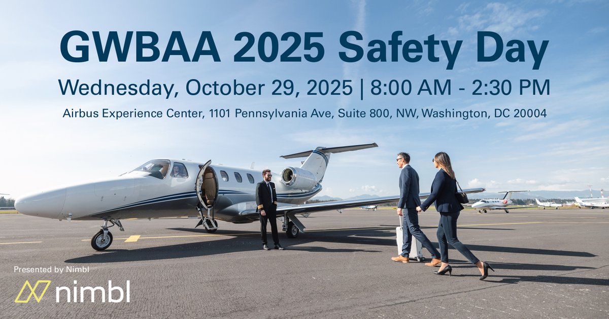 Don’t Miss Out! GWBAA’s 2025 Safety Day presented by Nimbl is this Wednesday! Join us for an incredible lineup of speakers, industry insights and networking opportunities focused on advancing business aviation safety. Register today before it’s too late! gwbaa.com/event-6236180