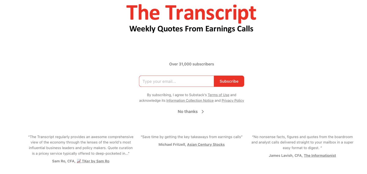 TheTranscript_'s tweet image. 🌟 Our weekly newsletter provides a picture of the economy through quotes from C-Suite Executives

Join our community here: thetranscript.substack.com/subscribe
