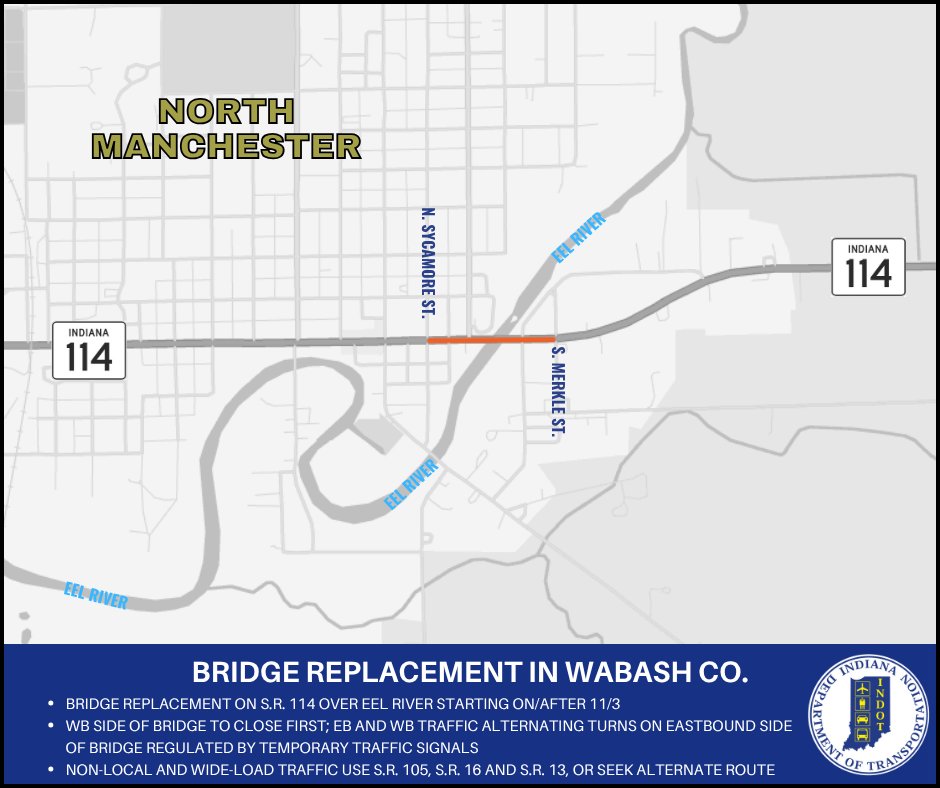 A multi-phase bridge reconstruction project is scheduled to begin soon on S.R. 114 in North Manchester. What drivers can expect here: bit.ly/48PwerQ