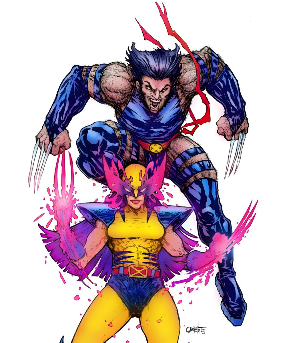 EmpressCarri's tweet photo. Here's something you don't see often! Uniform switch by Chris Ouelette. Love the pink touch from Psylocke's psionic weapons. Wolvie looks fierce in her outfit oddly too lol. I'm here for it! #Wolverine #Logan #WeaponX #Psylocke #XMen #Marvel #MarvelComics #RevivedObsession #MarvelUniverse #FanArt