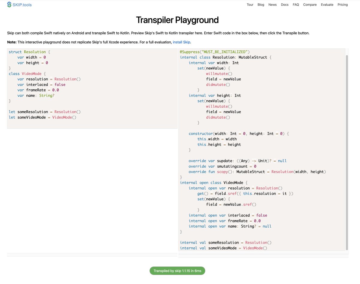 desugar_64's tweet image. Quite a lot of generated code… more than I’d hoped to see.
Swift to Kotlin via Skip transpiler.