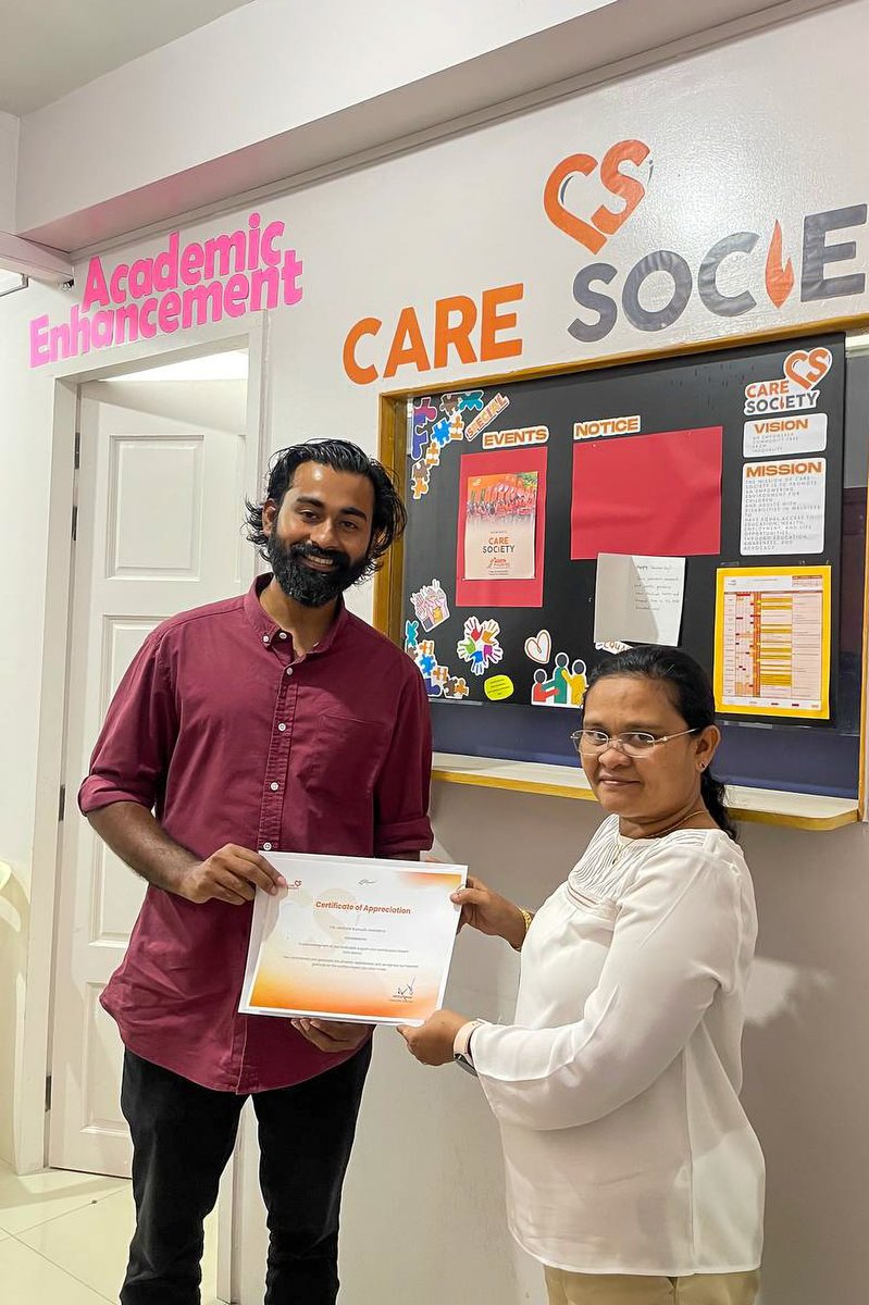 We had the pleasure of meeting Mr. Amhar, Marketing Director of <a href="/InkedMaldives/">InkedMaldives</a> , at Care Society Malé Campus on 23 October to present a certificate of appreciation for their kind sponsorship of our marketing materials. Thank you, Inked Maldives, for your valuable support!