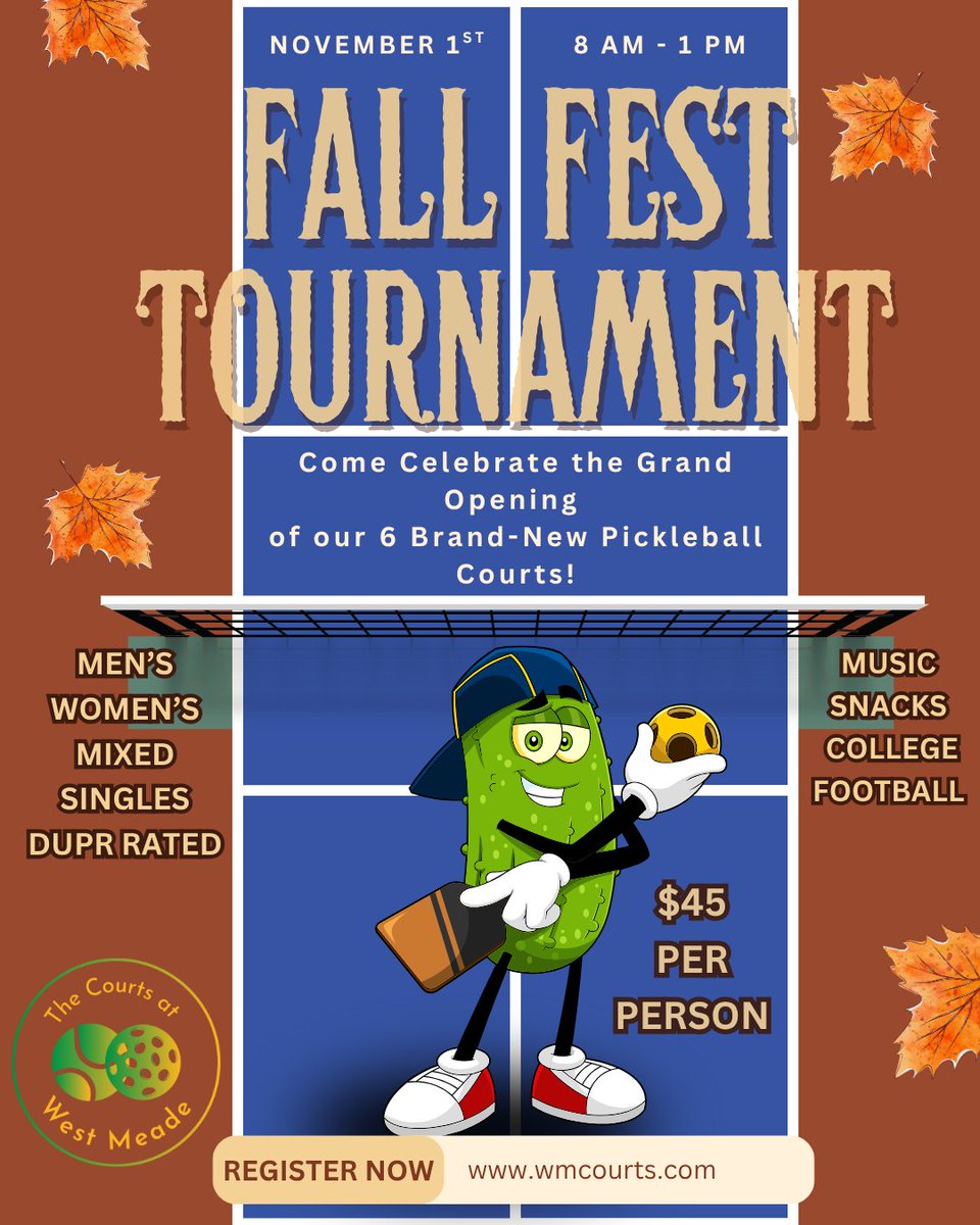 We're hosting a competitive DUPR tournament at the West Meade Courts (near downtown Nashville) this Saturday, November 1st. The weather looks perfect for a great morning on the courts! Tuesday (tomorrow 10/28) is the deadline to signup. swishtournaments.com/product/the-mo…