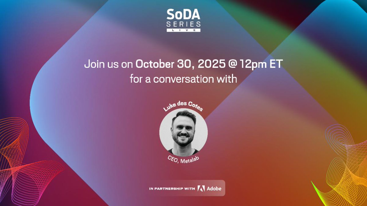RKDarnell's tweet image. New addition for 30 October via @SoDAspeaks, @metalab, @Adobe, + Luke Des Cotes | SoDA Series Live: On Product linkedin.com/events/7381710…
“Expect a conversation that explores how design, psychology, and business strategy intersect to create products that stand the test of time—and…