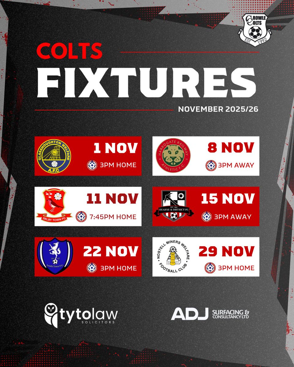 CrowleColtsFC's tweet photo. โฉ ๐ก๐ผ๐๐ฒ๐บ๐ฏ๐ฒ๐ฟ ๐๐ถ๐
๐๐๐ฟ๐ฒ ๐๐ถ๐๐ ๐๏ธ
Itโs another busy month ahead for the Colts โ plenty of football to get stuck into! All support appreciated as we return to Windsor Park in whatโs seems an eternity.
๐ 4 Home | 2 Home
#UTC #CrowleColts #novemberfixtures #wearecrowle