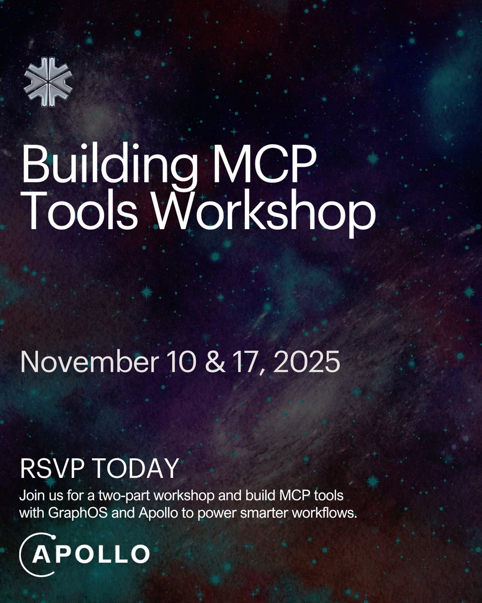 TasonJorres's tweet image. pretty stoked to announce our next @torcdotdev #community workshop with the homie @hey_amandam and @apollographql !! 🛠️
In two sessions, learn to build an amazing, working MCP tool from scratch using GraphOS #MCP tools & Apollo REST Connectors! We'll cover #GraphQL schemas from…