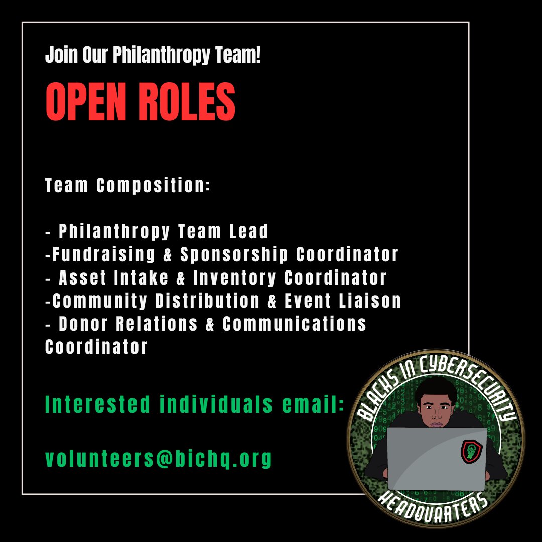 BlackInCyberCo1's tweet image. 📢 Be part of a team that gives back, builds connections and strengthens access to opportunity! We’re Growing Our Philanthropy Team!⁠
⁠
📩 Apply or learn more: volunteers@bichq.org⁠
⁠
#CommunityImpact #Philanthropy #CyberCommunity #BlacksInCyber #BICGivesBack⁠