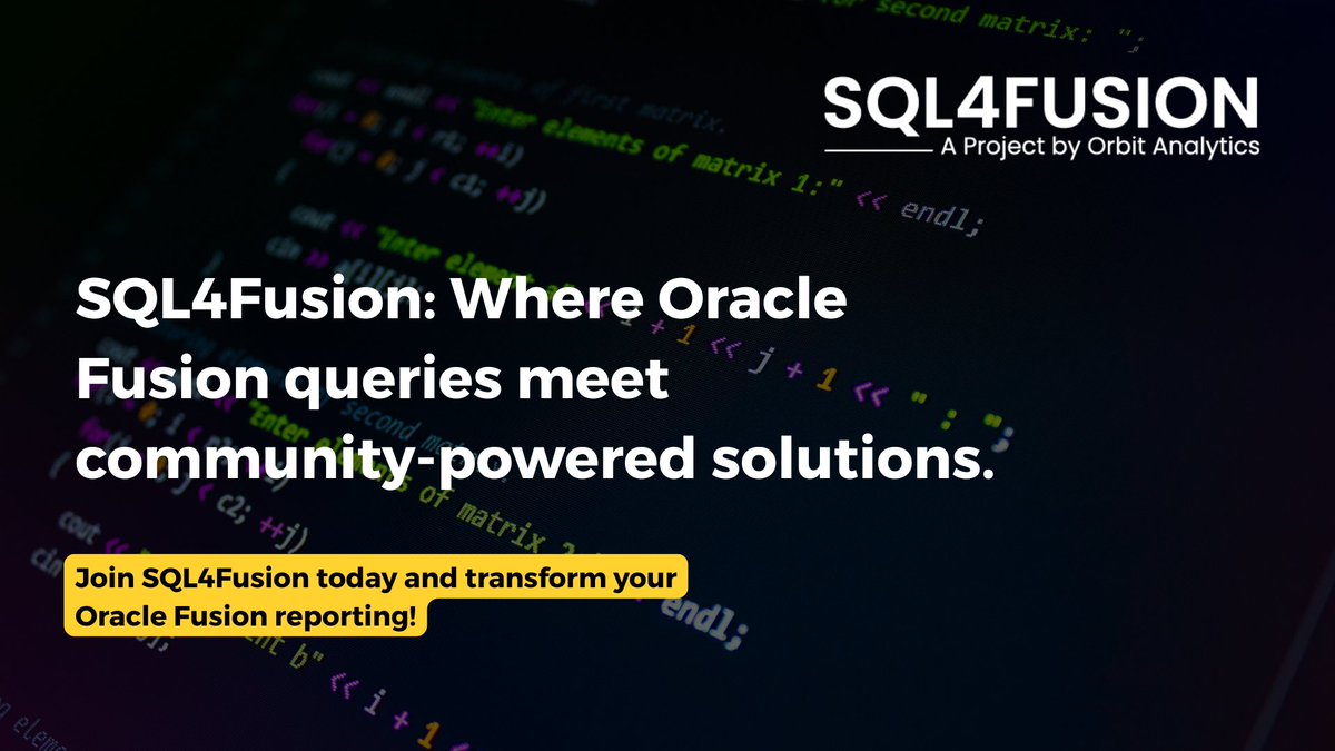 OrbitAnalytics's tweet image. Accelerate your Oracle Fusion Cloud projects with SQL4Fusion: collaborate, optimize, and execute SQL scripts in a dynamic developer community. Elevate reporting, drive efficiency, and experience next-level analytics. Join us: hubs.la/Q03Q9wkh0 #OrbitAnalytics #SQL4Fusion