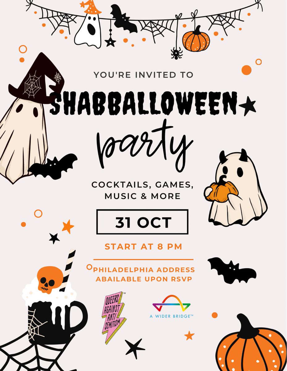 AWiderBridge's tweet image. If you live in in Philadelphia/South Jersey
join us for Shabballoween Party with music, costumes, drinks, and games. A lively time and mingling with friends and new acquaintances.
sign up: awiderbridge.org/event/shabball…