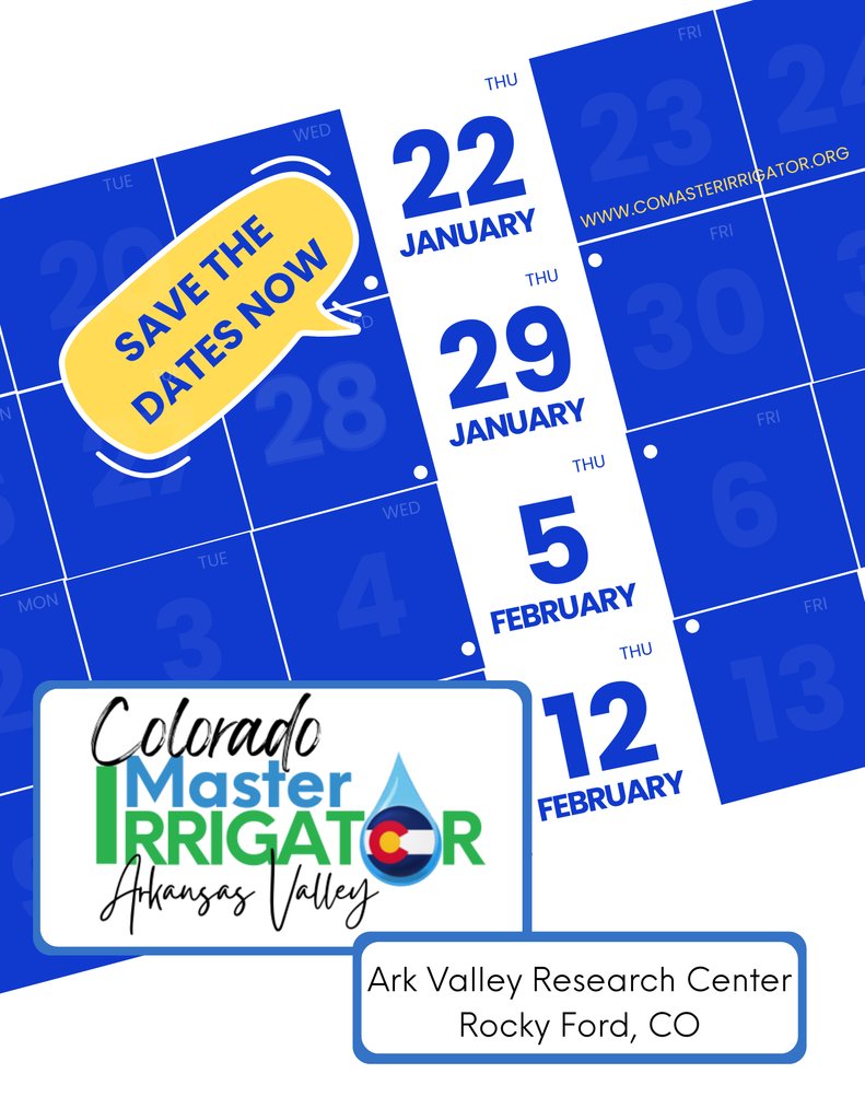 CoIrrigator's tweet image. 💧 Save the Date!
The Colorado Master Irrigator Program is coming to Rocky Ford 🌽
If you’re looking to get hands-on with water management, irrigation tips, and ideas to make every drop count — this is for you. 💦

📅 Late Jan–Mid Feb
👉 comasterirrigator.org