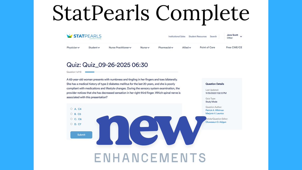 StatPearls Complete is here! QBanks covering every English-speaking country board or certification exam , CEs for over 180 specialties for MDs, RNs, NPs, PAs, dentists, social workers, and other allied health professionals and more. ow.ly/xhxv50X4HIl