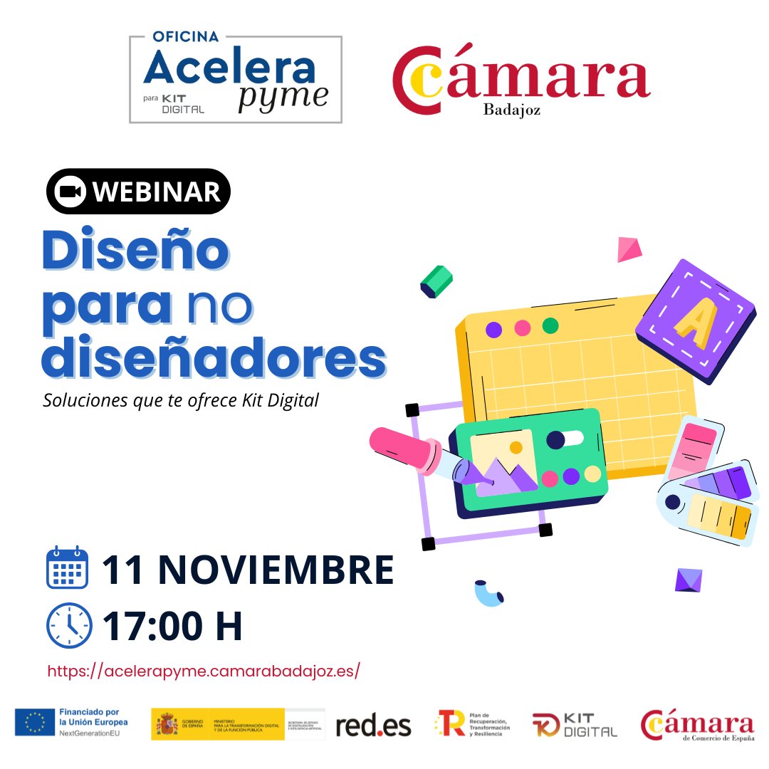 CamaradeBadajoz's tweet image. 📢 Desde la Cámara de Comercio de Badajoz, a través de la Oficina Acelera Pyme, te invitamos al webinar gratuito:
🗓 Fecha: 11 de noviembre
 🕔 Hora: 17:00h
 🔗 Inscripción gratuita: acelerapyme.camarabadajoz.es/eventos/diseno… 
#AceleraPyme #CámaraBadajoz #Webinar #MarketingDigital #KitDigital