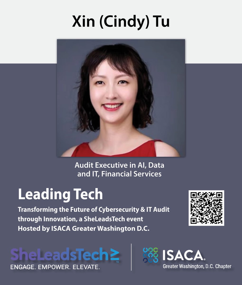 ISACA_GWDC's tweet image. 🎤 Speaker Spotlight: Xin (Cindy) Tu
Join us Nov 13 at GMU Arlington for #SheLeadsTech by #ISACAGWDC

Cindy, an Audit Executive in AI, Data &amp;amp; IT, shows how strong governance can make cyber–audit collaboration a force for innovation.

🔗 isaca-gwdc.org/event/leading-…