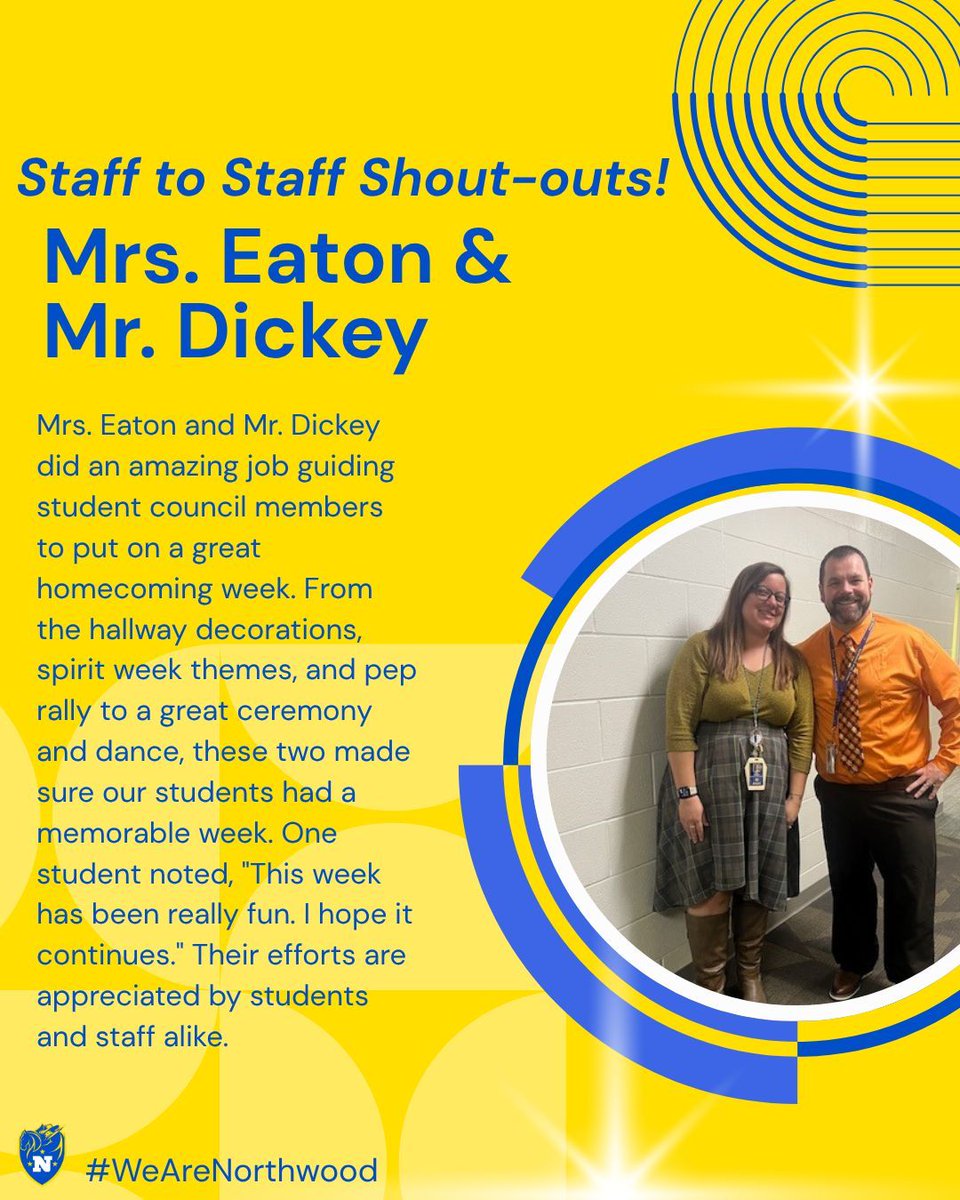 This week we begin our NHS Staff-to-Staff Shout-outs! Our first shout-out goes to our amazing Student Council team of Mrs. Eaton and Mr. Dickey! #WeAreNorthwood