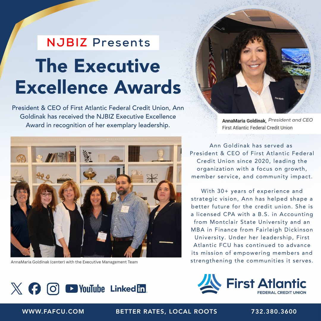 FirstAtlanticCU's tweet image. Congrats to Ann Goldinak, President &amp;amp; CEO of First Atlantic FCU, on receiving the NJBIZ Executive Excellence Award for her outstanding leadership, vision, and community impact! 💙 #Leadership #NJBIZ #FirstAtlanticFCU
