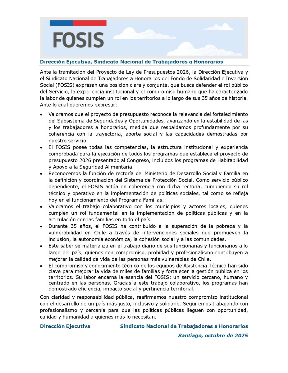 FOSIS_Chile's tweet photo. El FOSIS junto con el Sindicato Nacional de Trabajadores a Honorarios, destaca el rol, la experiencia y las capacidades del Servicio en la ejecución de programas que contribuyen a la superación de la pobreza en Chile. https://t.co/Kxnu021T0g