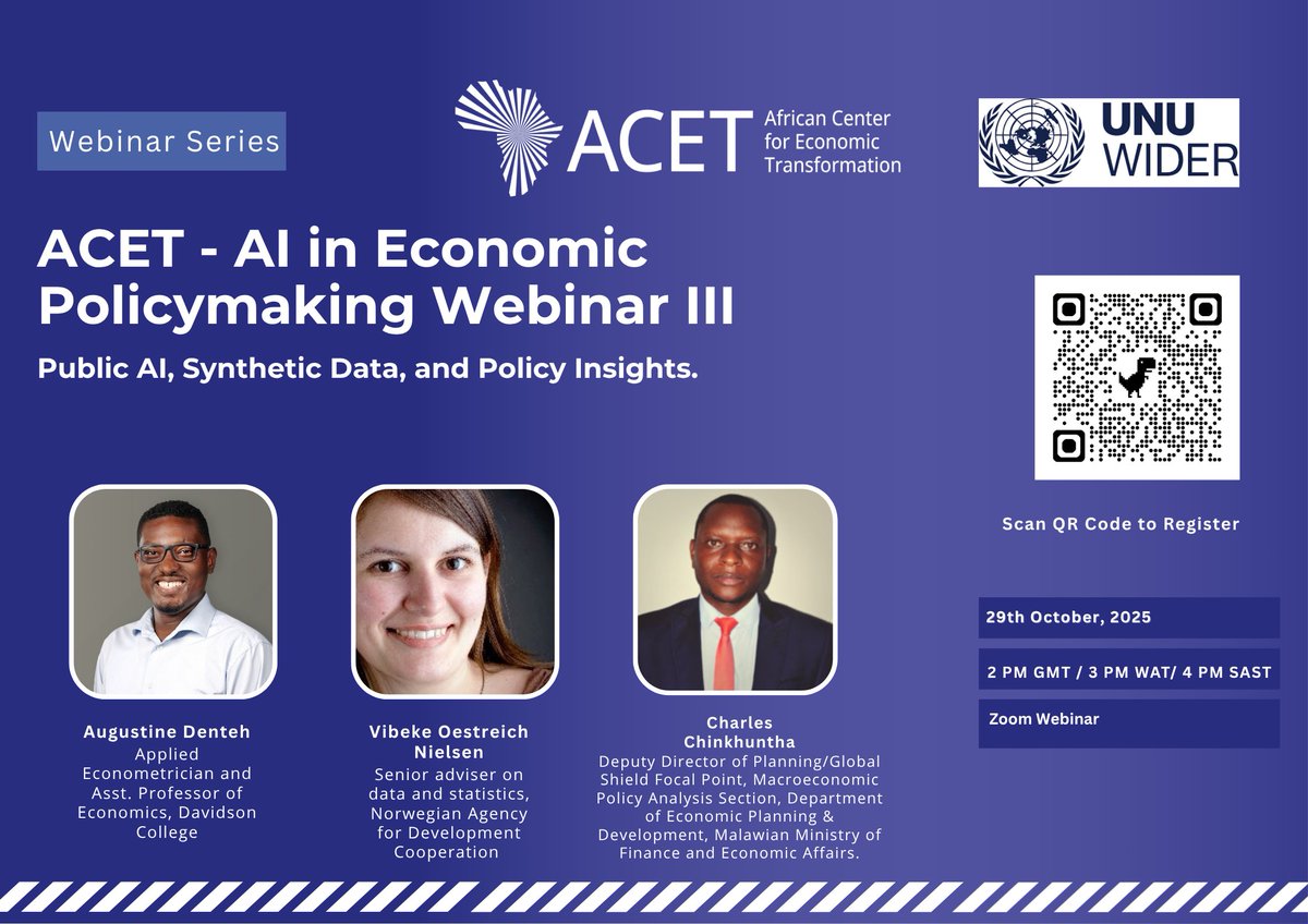 How can #AI &amp; #SyntheticData transform policymaking in Africa? 💡

Join @ACETforAfrica &amp; <a href="/UNUWIDER/">UNU-WIDER</a> for Webinar III:
Public AI, Synthetic Data &amp; Policy Insights

🗓 Oct 29 | ⏰ 2PM GMT
🔗 Register: ow.ly/J5Se50Xihh7

#ACETImpact #AIForPolicy #DataInnovation #DigitalAfrica