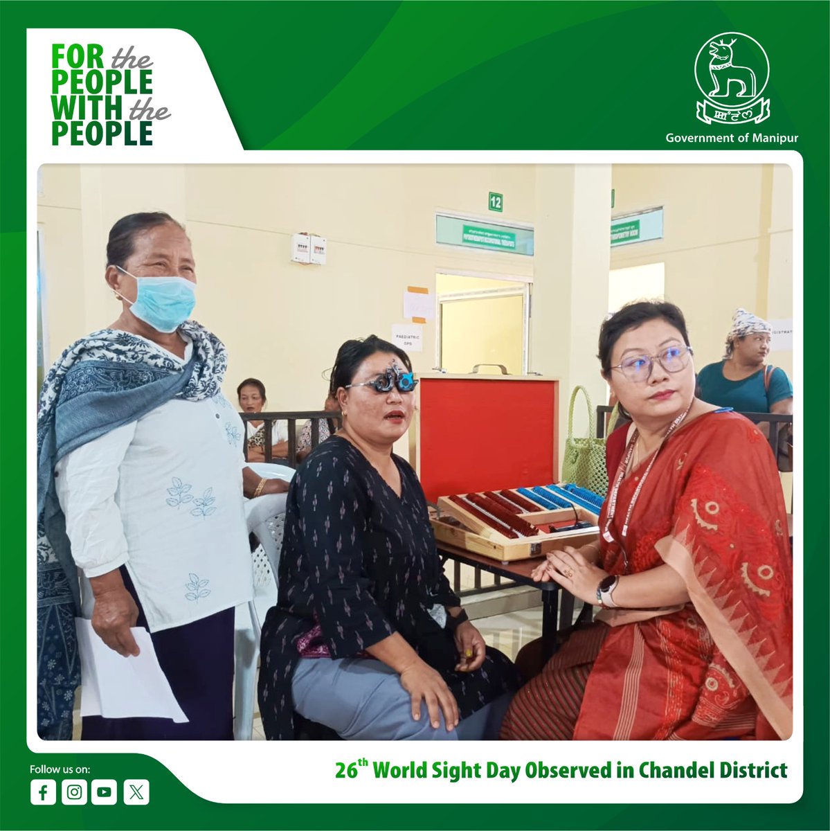 govt_of_manipur's tweet photo. The State-level observance of the 26th World Sight Day was held today at Chandel District Hospital, organised by the National Programme for Control of Blindness and Visual Impairment (NPCBVI), Manipur, in collaboration with the State Health Society (NHM), District Health Society, Chandel and the Directorate of Health Services, Manipur.

The event was graced by Dr. N. Hemantakumar Singh, Director of Health Services, Manipur, as the Chief Guest, with Dr. Joyson Mathew Monsang, Chief Medical Officer, Chandel, presiding as President. Dr. Y. Premchandra and Dr. Serbum Sakchung attended as Guests of Honour.

As a part of the observance, a Mega Eye Camp was conducted, benefiting 257 patients with free eye check-ups.
- 36 cataract and 18 pterygium cases were identified.
- 110 free spectacles were distributed to elderly beneficiaries.
- All participants received free medicines.
Identified cases will undergo surgery at the State Ophthalmic Cell, Imphal.

In his address, Dr. N. Hemantakumar Singh encouraged everyone to:
- Care for and love their eyes through good eye health practices.
- Spread awareness and pledge for eye donation.
- Stay alert against dengue and vector-borne diseases.
- Undergo regular eye, blood pressure, and diabetes screenings—major factors affecting vision.

He also assured that a regular ophthalmologist will soon be posted at Chandel District Hospital to strengthen local eye care services.

The programme concluded with a renewed commitment to the theme “Love Your Eyes”, reflecting the shared vision of a blindness-free society.
@dhsmanipur @health_manipur 

#GovernmentOfManipur #WorldSightDay2025 #LoveYourEyes #NHMManipur #HealthForAll #VisionCare #BlindnessFreeManipur
