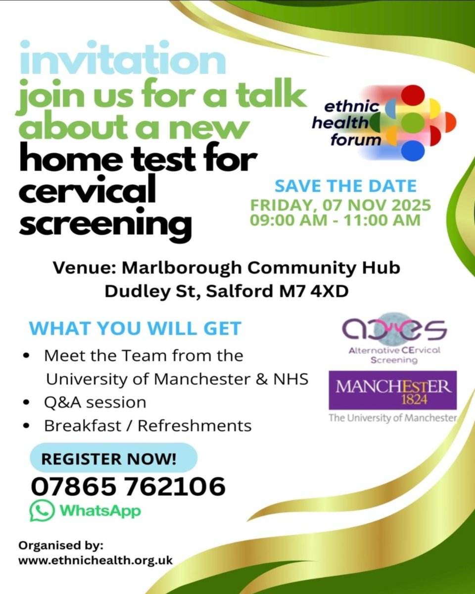 💜Join <a href="/OfficialUoM/">The University of Manchester</a> &amp; <a href="/NHSuk/">NHS</a> researchers to learn about and be part of a new home cervical screening test in its #research phase!

📅 7 Nov | 🕘 9–11 AM | 📍 Marlborough Hub, Salford
☕ Breakfast + Q&amp;A
🎁 Kits available for those who wish to try
📲 07865 762106

#EHF