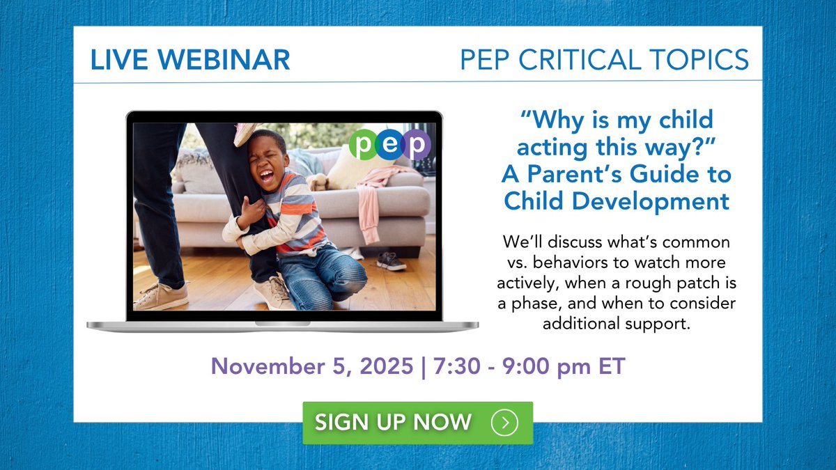 Ever wondered what’s typical for your child’s age?

Join PEP’s Critical Topics in Parenting webinar on Wednesday, Nov. 5, 7:30–9 PM.

Walk away with clear developmental snapshots, a regulation menu, and practical tools you can use now.

Register now!
pepparentonline.org/p/parents-guid…