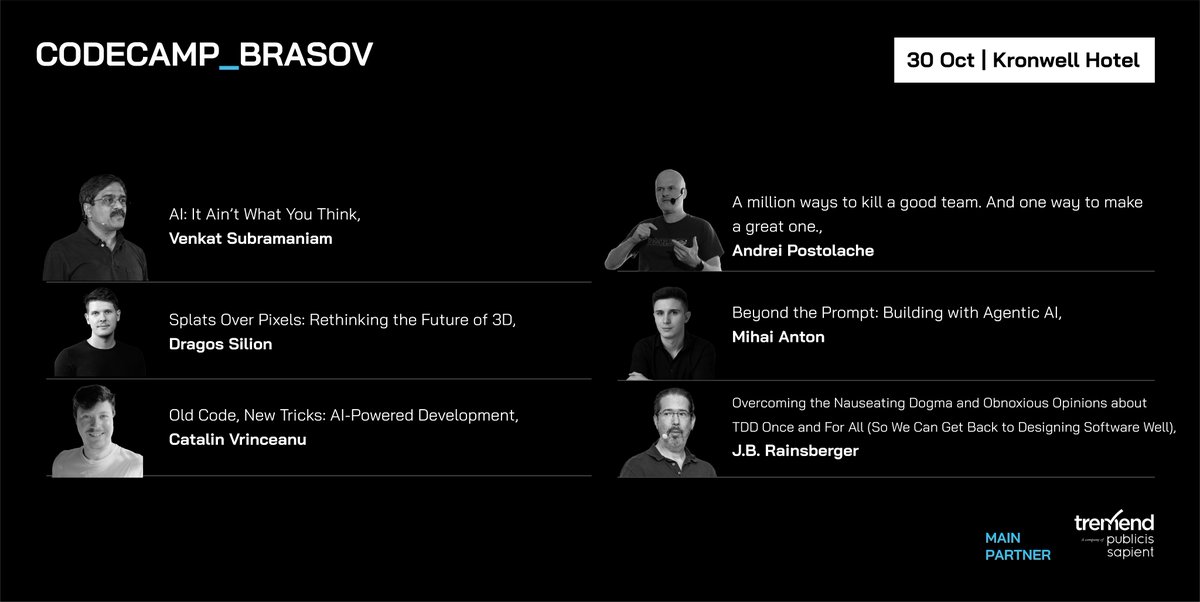 Codecampro's tweet image. 3 days left! Codecamp_Brasov is this Thursday!

Join us on October 30th at the Kronwell Hotel for a full day of cutting-edge tech discussions.
Check out the agenda!
Free access. Register here: codecamp.ro/conferences/co….