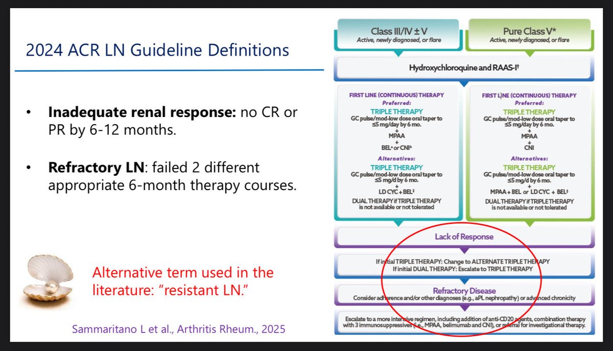 dr_immuno29's tweet photo. 🧵 ACR25 | Lupus Nephritis: Inadequate vs Refractory 💧
Maria Dall’Era | UCSF

⸻

1️⃣ Definitions (ACR 2024):
•🔸 Inadequate response — No CR/PR by 6–12 mo
•🔸 Refractory LN — Failed ≥2 proper 6-mo regimens

⸻

2️⃣ Before calling it “refractory” 👉 Re-check:
✔️ Adherence
✔️ Dosing & UPCR accuracy
✔️ Non-immune CKD factors (HTN, obesity, salt/protein intake)
✔️ Mimics – TMA, aPL-LN, lupus podocytopathy, fibrosis

⸻

3️⃣ ACR Pearl 💡
🔁 Always review adherence & dose before escalation
📊 Only ~20% stay adherent long-term!

⸻

4️⃣ Repeat Biopsy 🔬 When?
Initial Dx | Partial response | Flare | CKD progression | Withdrawal | Protocol

🎯 To uncover mimics — TMA, vasculitis, fibrosis

⸻

5️⃣ Vascular Lesions 🧠
Seen in ~80% LN biopsies
→ Arteriolosclerosis, immune deposits, necrotizing vasculopathy, TMA, vasculitis

⸻

6️⃣ Complement-Mediated TMA ⚡
Test CFH/CFI/C3 genes + auto-Abs
Start Eculizumab/Ravulizumab ASAP
💉 Vaccinate + give prophylactic antibiotics

⸻

Takeaway 🔹
🩺 Check adherence. Repeat biopsy. Don’t rush to label “refractory.”

#ACR25 #LupusNephritis #ACRAmbassador #RheumTwitter