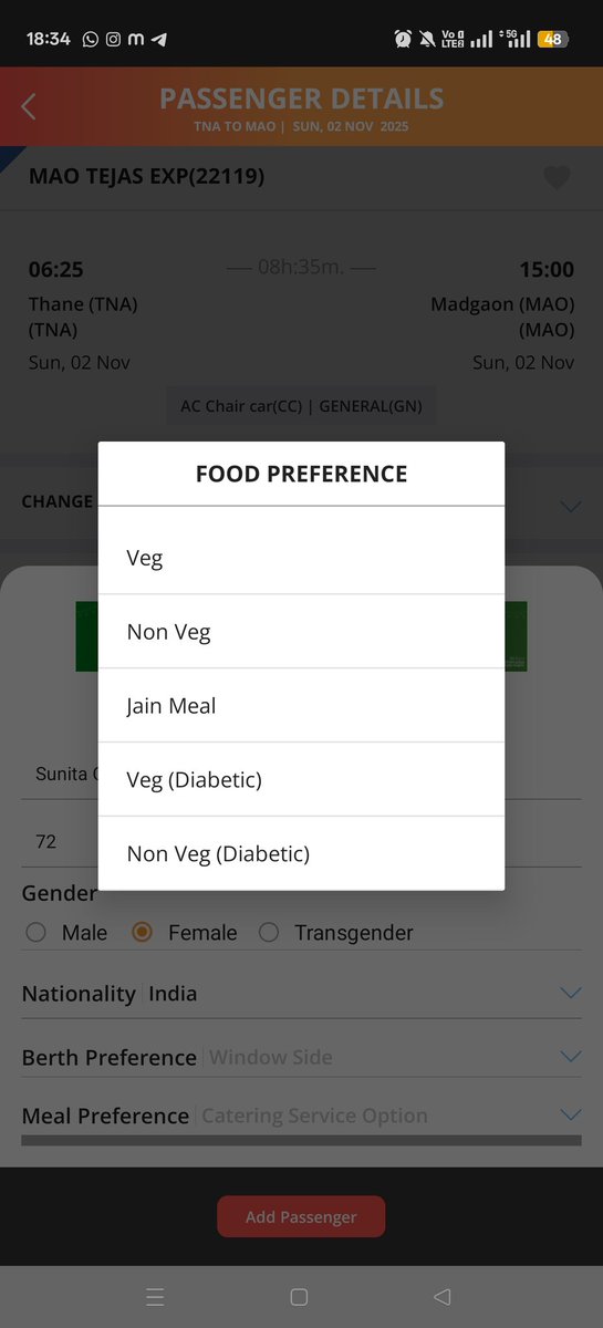 .<a href="/IRCTCofficial/">IRCTC</a> <a href="/RailMinIndia/">Ministry of Railways</a>
Why is there no ‘No Food’ option while booking ticket for Tejas Express (22119) on the IRCTC ? It used to be there earlier. Please clarify.