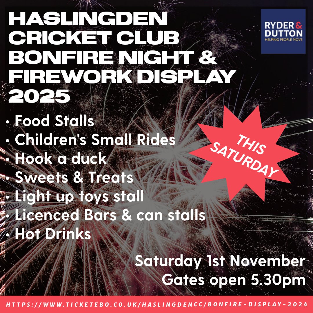 ** 5 DAYS TO GO ** 🔥🔥

Haslingden Cricket Club Bonfire Night &amp; Firework Display 2025
Saturday 1st November

Tickets are selling fast,with limited availability. Don't miss out, buy your tickets online here 👇
ticketebo.co.uk/haslingdencc/b…

*No cash sales on gate, ticket only event*
