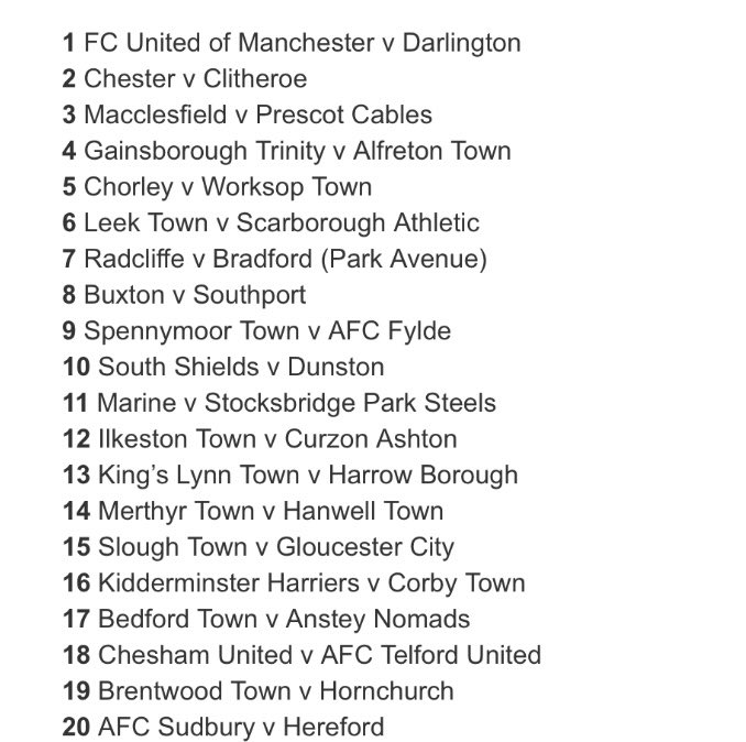Ollie_Bayliss's tweet image. The draw for the FA Trophy 2nd Round has been published.

Clubs from the National League North &amp;amp; South enter at this stage.

Ties to be played over the weekend of Saturday 15th November.