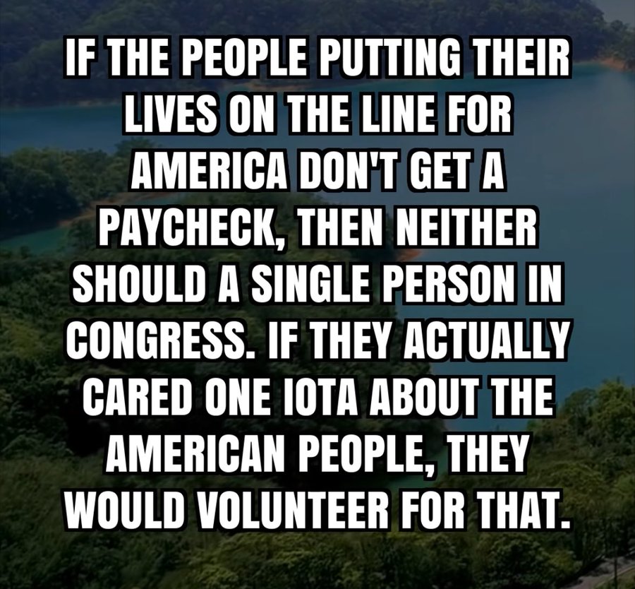 Image with black background and white text stating If the people putting their lives on the line for America dont get a paycheck then neither should a single person in congress. If they actually cared one iota about the american people they would volunteer for that.