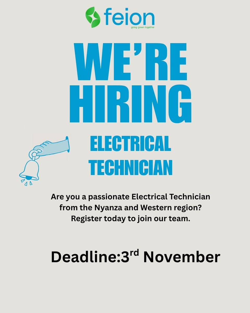 We’re Hiring: Electrical Technician

forms.office.com/Pages/Response…

#Hiring #ElectricalTechnician #EngineeringJobs #CleanEnergy #FeionGreenVentures #Sustainability #KenyaJobs