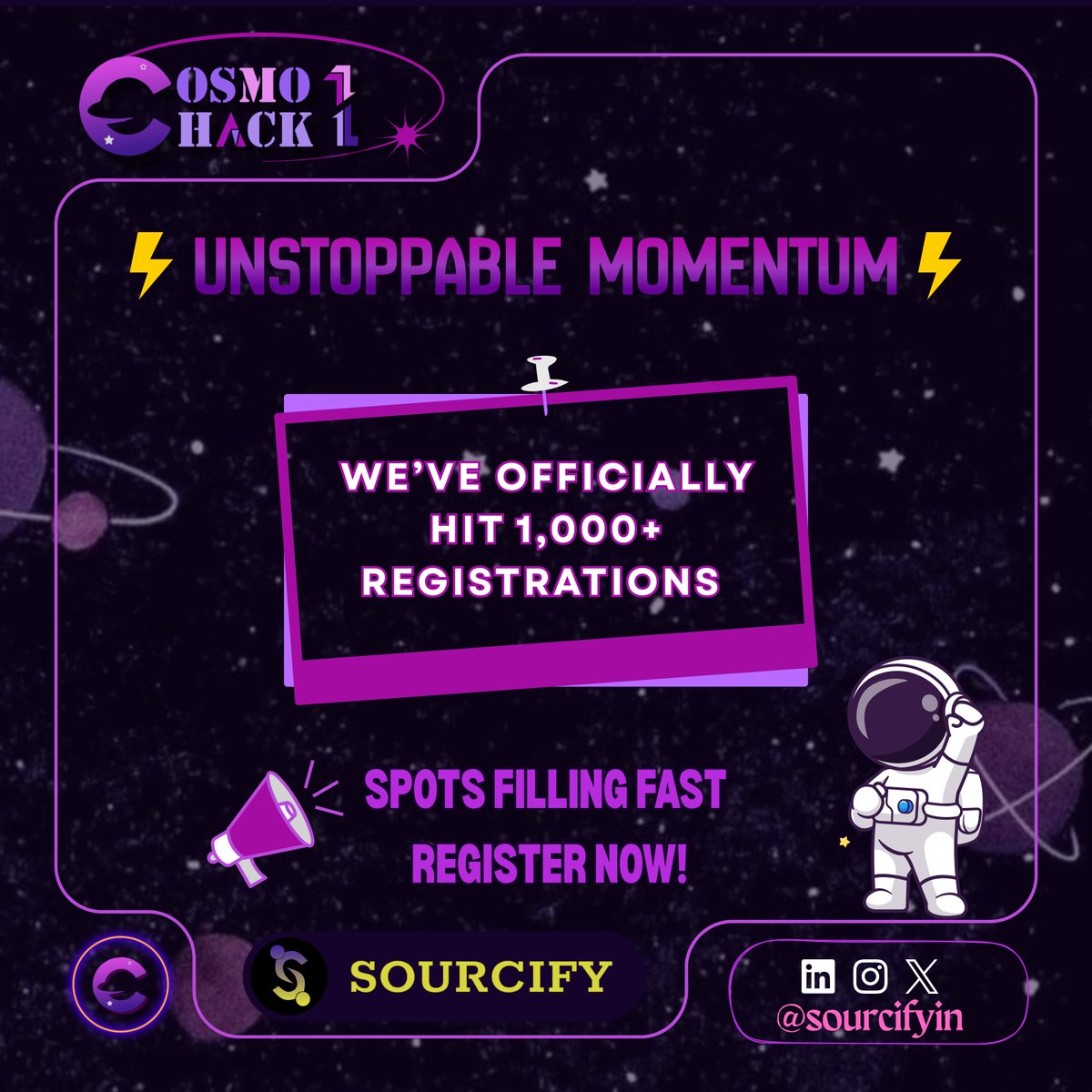 SourcifyIN's tweet image. MIND-BLOWING! 🚀
CosmoHack1 just hit 1K+ registrations! 🤯 

We&apos;re beyond grateful to each participant, team, and supporter who&apos;s made this cosmic journey possible!🌟 

Huge thanks for believing in us! Let&apos;s make this hackathon one for the books!💫 

#CosmoHack1 #1KRegistrations