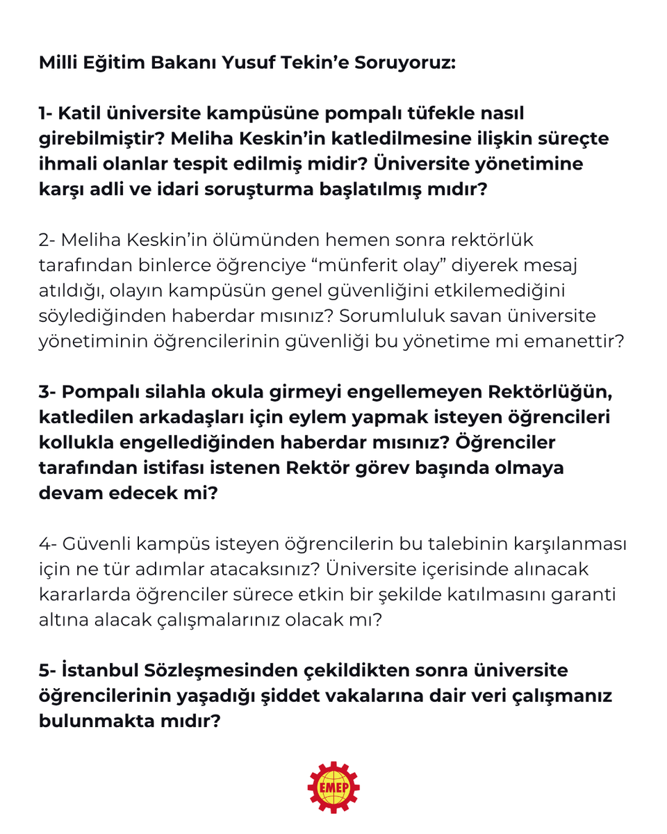 Meliha Keskin, 5 yıl önce boşandığı erkek tarafından kampüste pompalı tüfekle katledildi. Üniversite yönetimi “münferit olay” diyerek sorumluluktan kaçtı, öğrenciler eylemde, ihmali olanlar hâlâ görevde.

“Ölmeye değil, okumaya geldik” diyerek günlerdir güvenli kampüs hakkı için