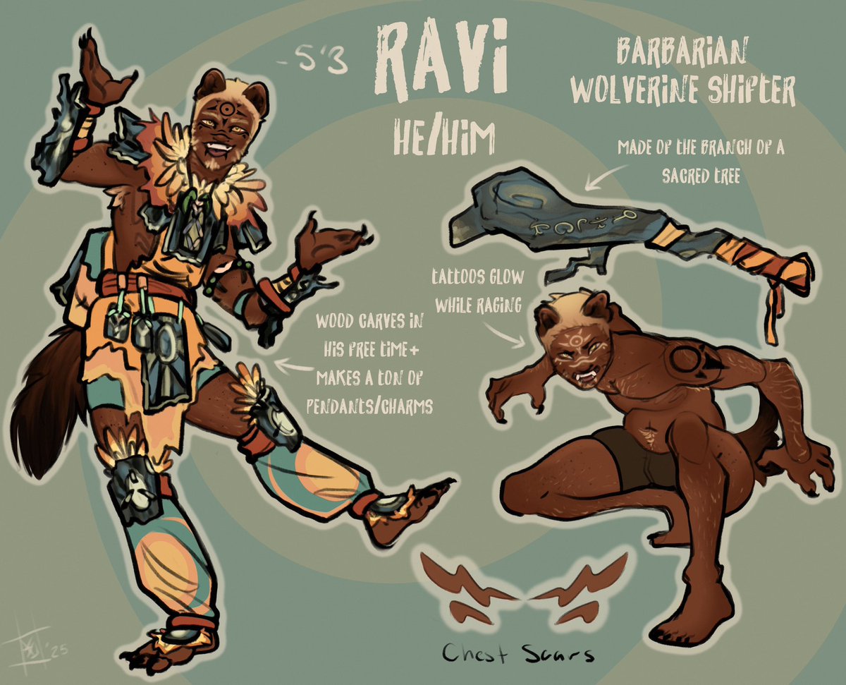 Refsheet I made for a dnd character  right before artfight! Feat Ravi my lovable idiot who just wants to make it home alive✨ (Thanks straud)