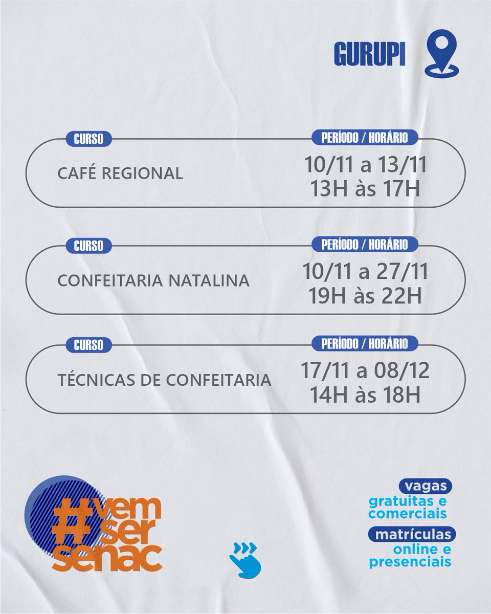 senacto's tweet photo. 📍Gurupi
☕ Café Regional – 10 a 13/11 | 13h às 17h
🎂 Confeitaria Natalina – 10 a 27/11 | 19h às 22h
🍰 Técnicas de Confeitaria – 17/11 a 8/12 | 14h às 18h https://t.co/lrHDN2iEcJ