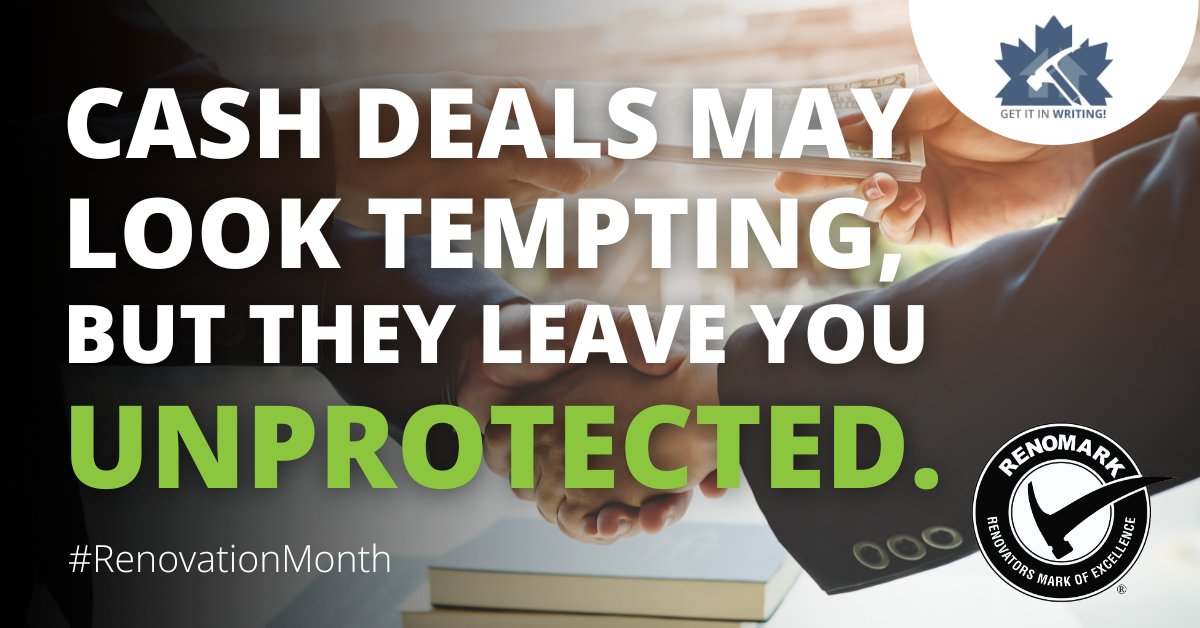 🚫 Cash deals may look tempting, but they often leave you unprotected. Without a written contract, you risk hidden costs, unsafe work, and no recourse if things go wrong. RenoMark renovators put everything in writing—so you can renovate with confidence. 👉 RenoMark.ca