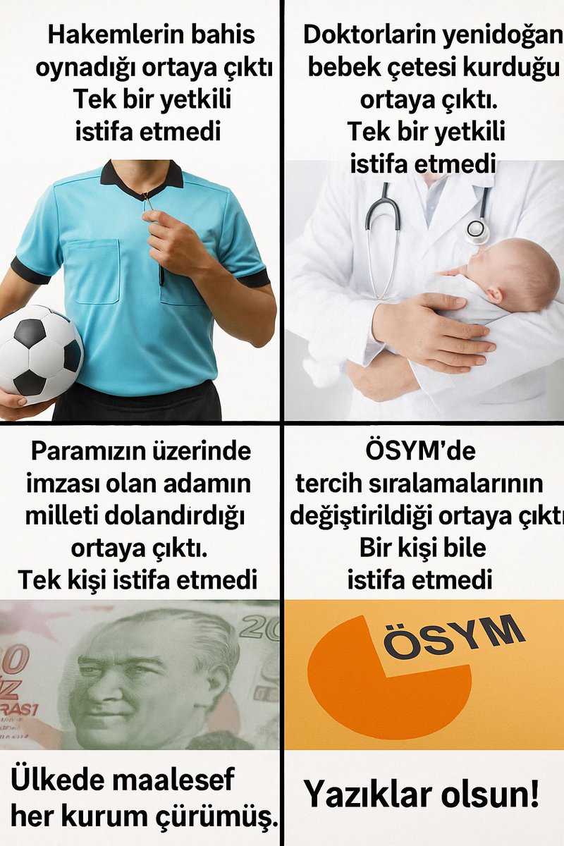 avkapanan3's tweet photo. Hakemlerin #bahis oynadığı ortaya çıktı. Tek bir yetkili istifa etmedi.

Doktorların yenidoğan bebek çetesi kurduğu ortaya çıktı. Tek bir yetkili istifa etmedi.

Paramızın üzerinde imzası olan adamın milleti dolandırdığı ortaya çıktı. Tek kişi istifa etmedi.

ÖSYM’de tercih sıralamalarının değiştirildiği ortaya çıktı. Bir kişi bile istifa etmedi.

Ülkede maalesef her kurum çürümüş.

Yazıklar olsun!