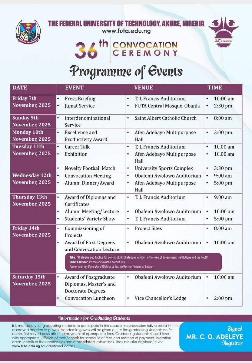 K1NG_THE_FIRST's tweet photo. FUTA 36th Convocation Ceremony Programme of Events https://t.co/xARUEhXaTw