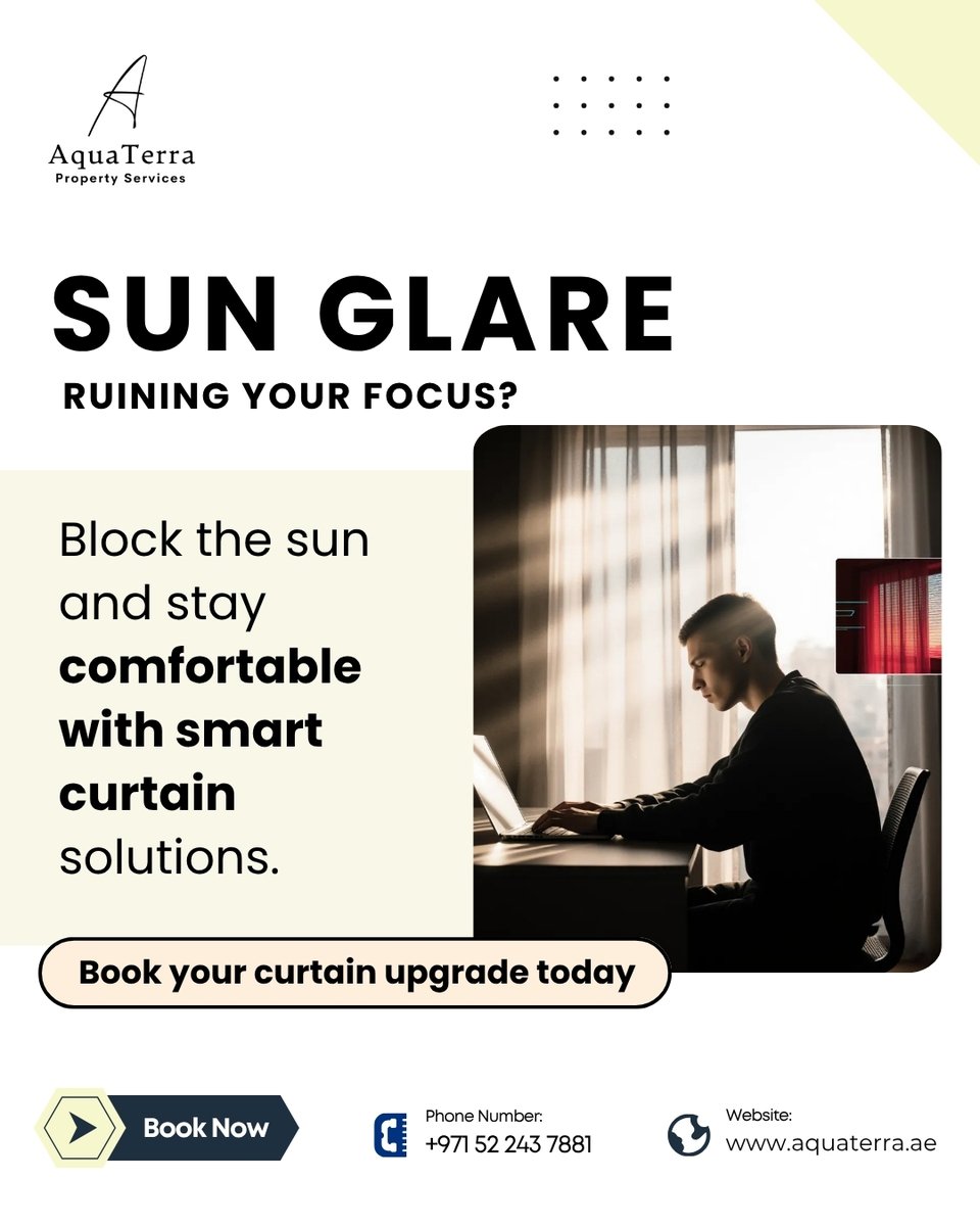 aquaterrauae's tweet image. Struggling with sun glare while working from home? Upgrade to thicker curtains for a cooler, more comfortable space!

#AquaTerraUAE #CurtainTips #HomeOfficeComfort #UAEHomes