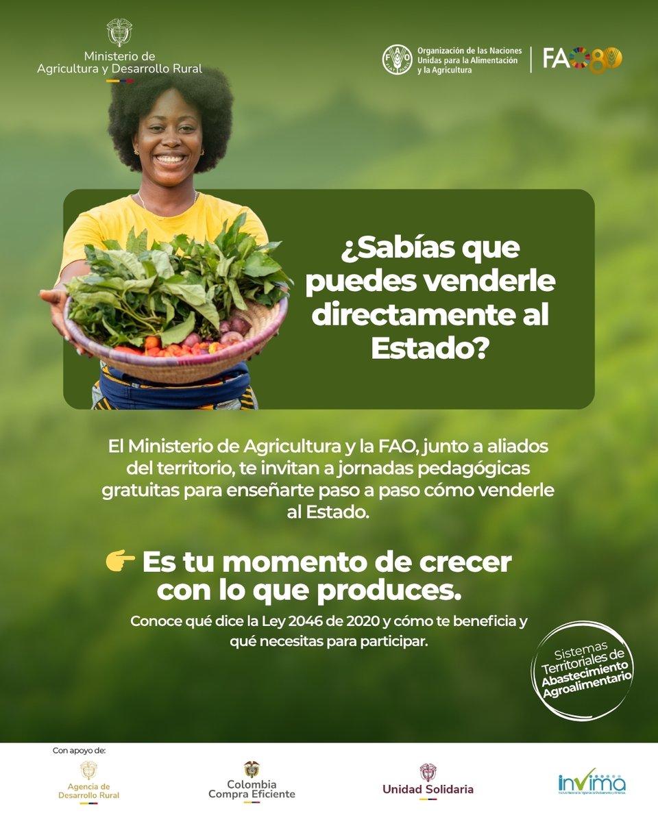 FAO_Colombia's tweet photo. ¿Sabías que puedes vender tus alimentos directamente?
Conoce los pasos, requisitos y beneficios en la Jornadas Pedagógica en📍Turbaco este 27 de octubre.
👩🏽🌾 Productor #ACFEC, este espacio es para ti.
📝 Inscríbete aquí: https://t.co/HKhQU76mOe https://t.co/HV4cPti2Aa