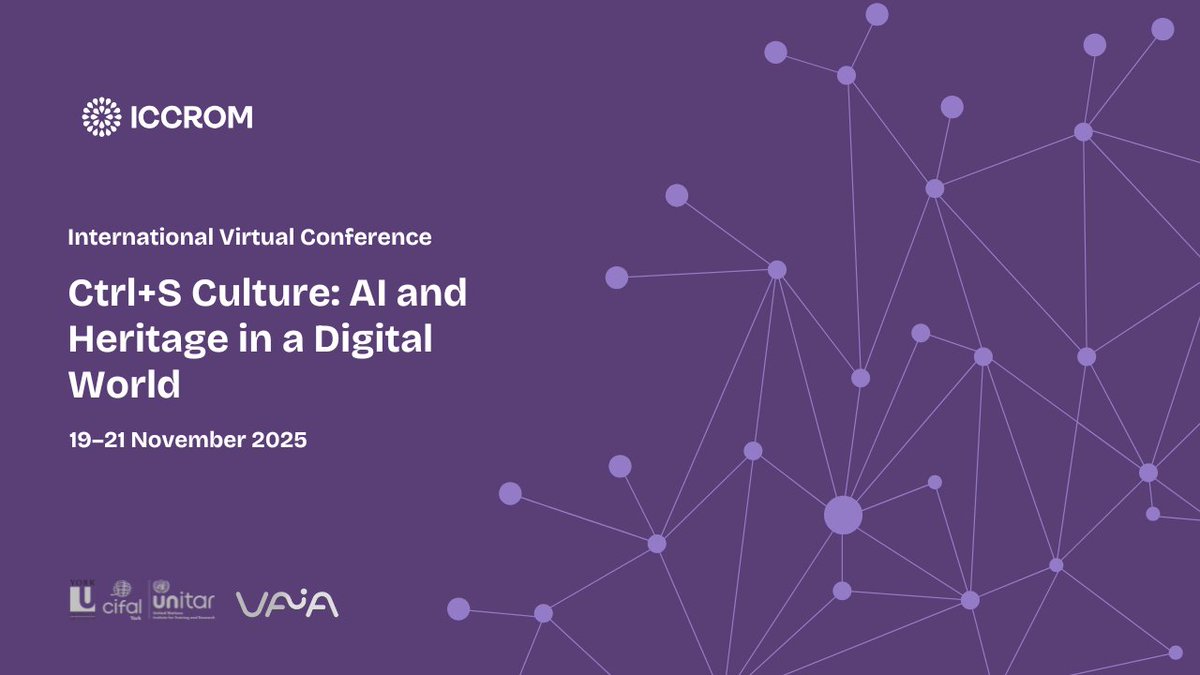 ICCROM's tweet photo. The programme is live for Ctrl+S Culture: AI & Heritage in a Digital World (19–21 Nov 2025)!

3 days of global dialogue on how AI is transforming the way we protect, decode & creatively share our heritage: 
🔹 Day 1: Innovation 
🔹 Day 2: Decoding 
🔹 Day 3: Creative Access

With voices from every continent & case studies across all heritage fields, this is a deep dive into how AI is redefining culture’s future.

🔗 View the programme & register: https://t.co/slAgqppDMW

#AIHeritage2025 #CtrlSCulture #DigitalHeritage #AIandCulture #AIandHeritage #EthicalAI #ICCROM